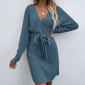 Cozy Dusty Blue Cut out Back Belted Sweater Dress